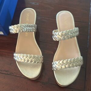 Woven summer slide wedge. Metallic silver
